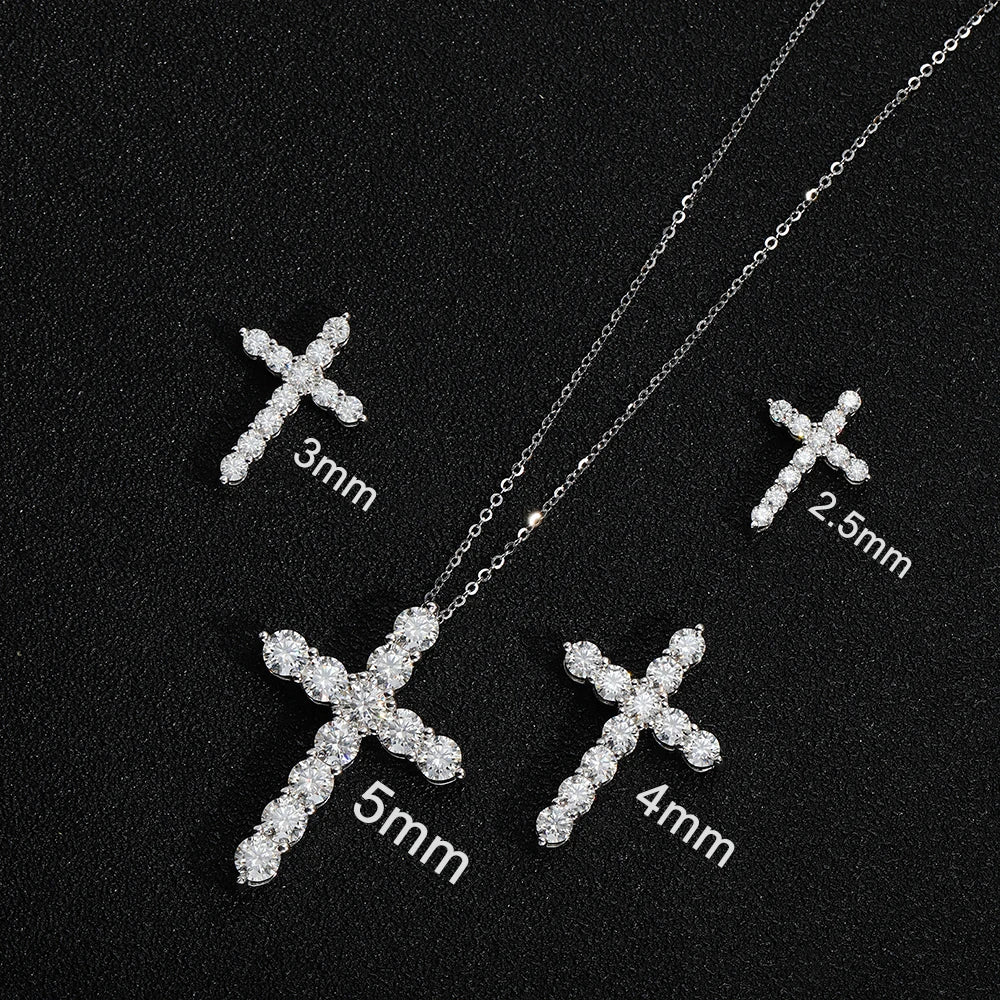“Moissanite cross pendant necklace, 925 sterling silver, 18k white gold plated.”
