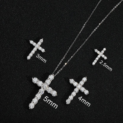 “Moissanite cross pendant necklace, 925 sterling silver, 18k white gold plated.”
