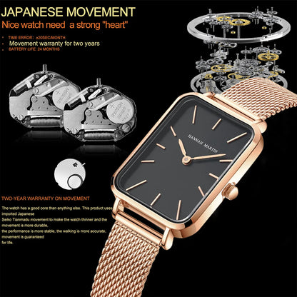 “Square Women’s Stainless Steel Mesh Strap Watch, Rose Gold, Japanese Movement, Fashion.”