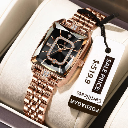 “Elegant waterproof women’s wristwatch, stainless steel, quartz, date display, stylish rectangle design.”