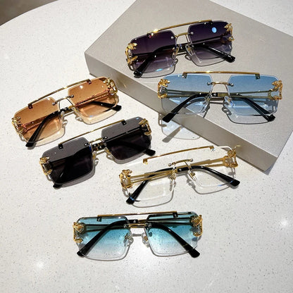 “Retro frameless unisex sunglasses, nickel double-layer design, UV400 protection.”