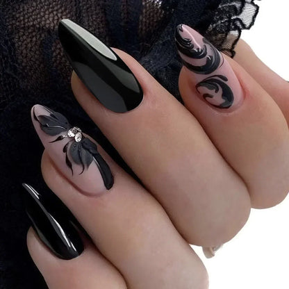 “24Pcs Matte Almond Press-On Nails – Autumn Winter Rose Leaf Design, Full Cover with Glue”