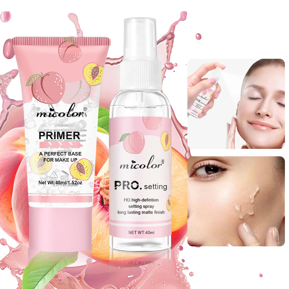 “Complete Makeup Set: Primer & Setting Spray, Invisible Pores, Long-lasting, Flawless Finish.”