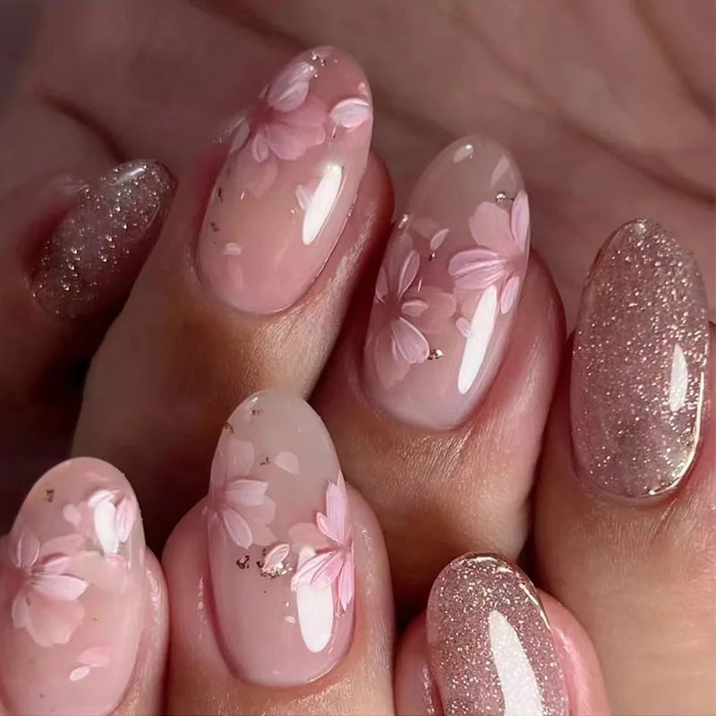 “24Pcs Matte Almond Press-On Nails – Autumn Winter Rose Leaf Design, Full Cover with Glue”