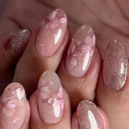 “24Pcs Matte Almond Press-On Nails – Autumn Winter Rose Leaf Design, Full Cover with Glue”