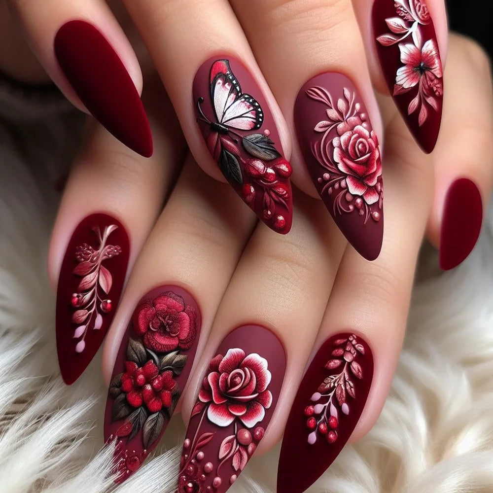 “24Pcs Matte Almond Press-On Nails – Autumn Winter Rose Leaf Design, Full Cover with Glue”