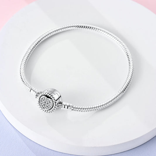 “MULA silver plated heart clasp snake chain bracelet, fits original charms, perfect gift.”