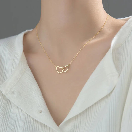 “Classic Double Heart Pendant Necklace – Gold Plated Stainless Steel, Fashion Jewelry for Women & Girls”
