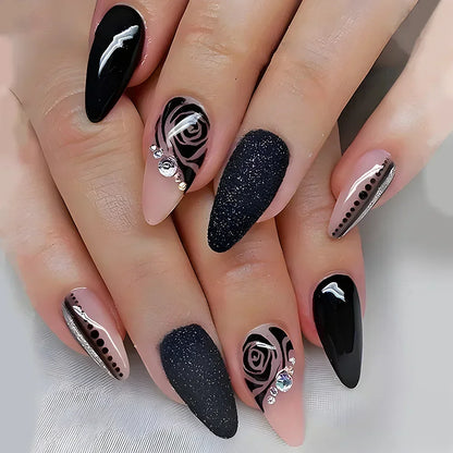 “24Pcs Matte Almond Press-On Nails – Autumn Winter Rose Leaf Design, Full Cover with Glue”