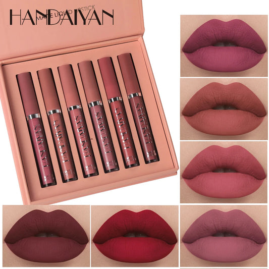 “Set of 6 long-lasting, non-stick, fade-resistant matte lipsticks.”