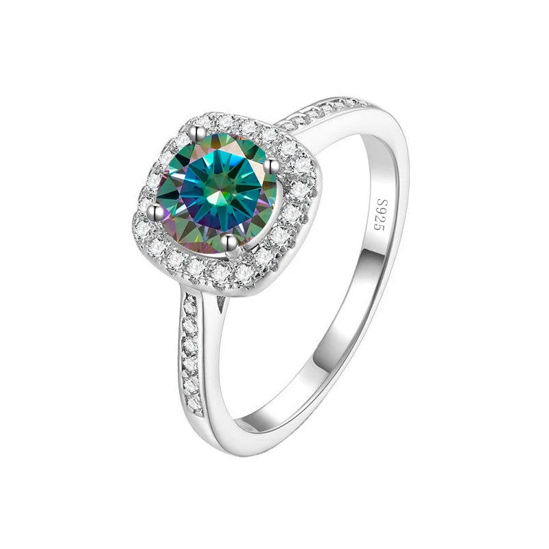 “1-carat colored moissanite ring, 925 sterling silver, classic wedding jewelry.”