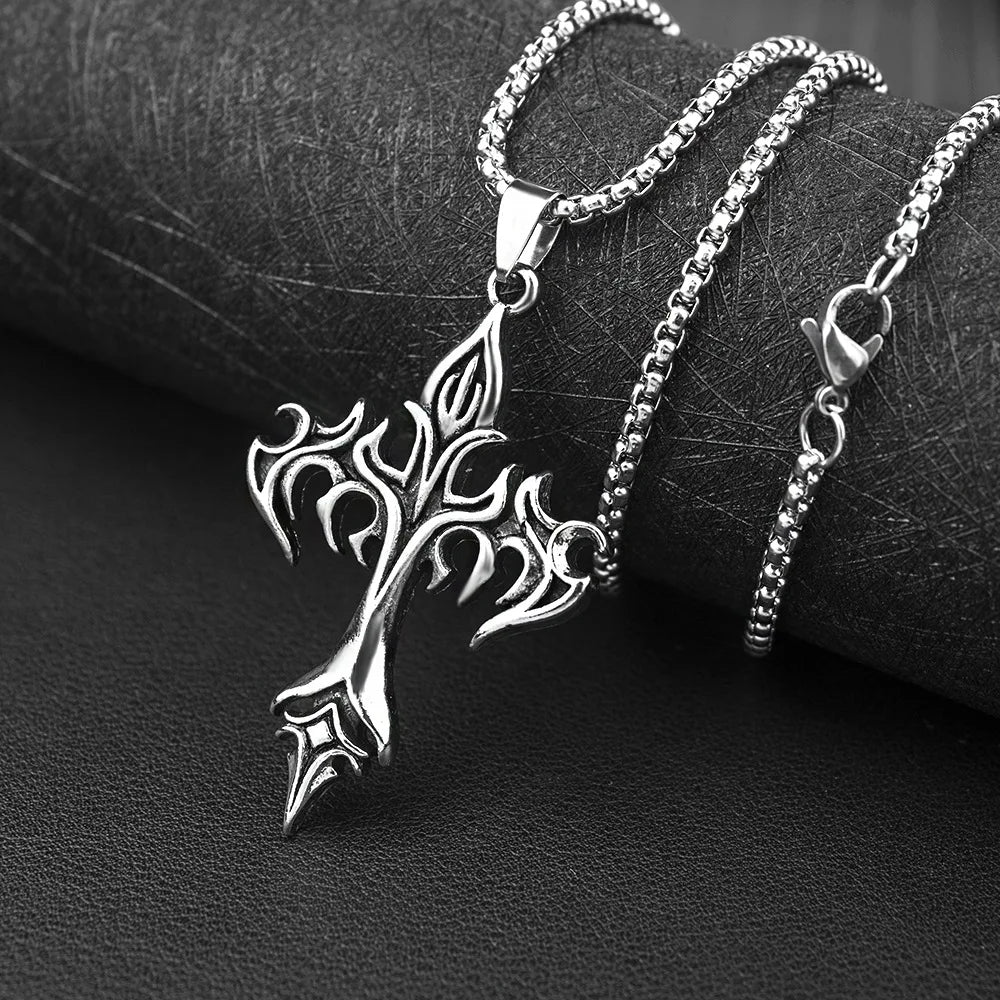 “Hip Hop Stainless Steel Flame Cross Pendant Necklace - Goth Jewelry for Men & Women.”