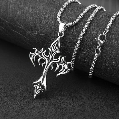 “Hip Hop Stainless Steel Flame Cross Pendant Necklace - Goth Jewelry for Men & Women.”