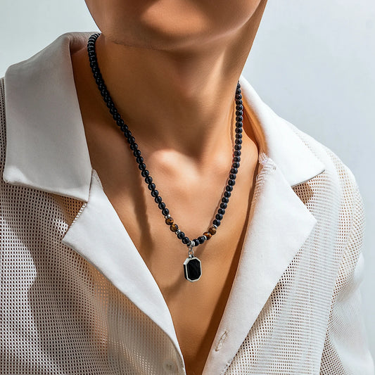 “Black Beads with Square Pendant Necklace for Men - Trendy Fashion Jewelry.”