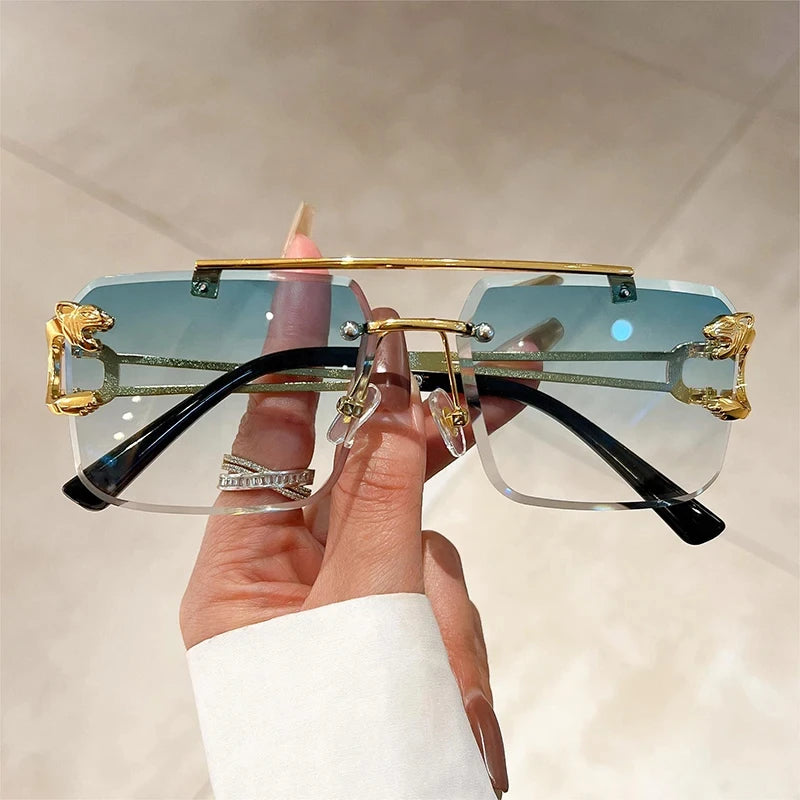 “Retro frameless unisex sunglasses, nickel double-layer design, UV400 protection.”