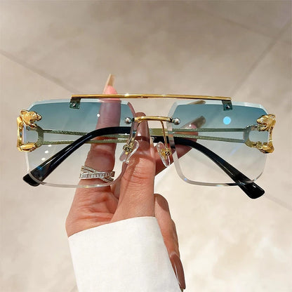 “Retro frameless unisex sunglasses, nickel double-layer design, UV400 protection.”