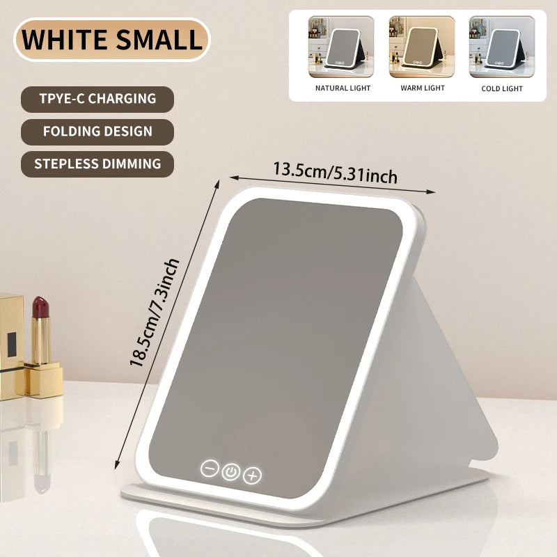 "3 Colors dimmable LED makeup mirror with touch screen, foldable, rechargeable, travel-friendly."