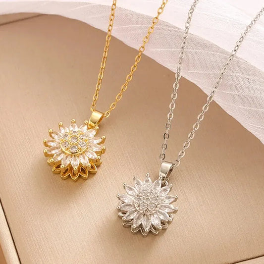 “Trendy Spin Sunflower Stainless Steel Zircon Necklace for Women, Elegant Party Gift.”