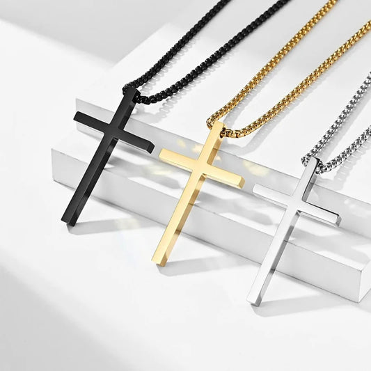 “Titanium Steel Cross Necklace - High-Quality Unisex Sweater Chain.”