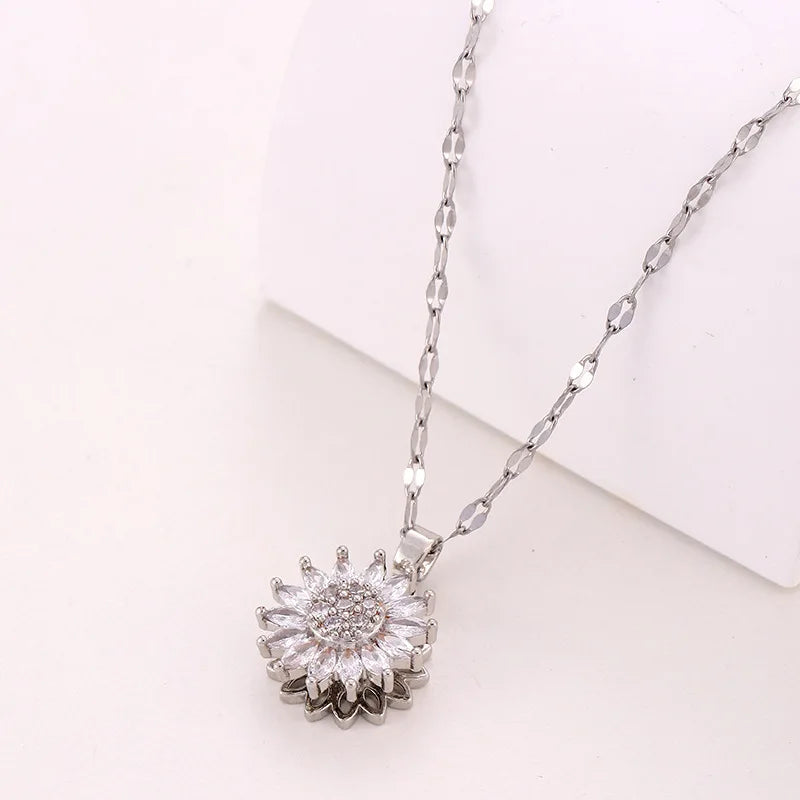 “Trendy Spin Sunflower Stainless Steel Zircon Necklace for Women, Elegant Party Gift.”