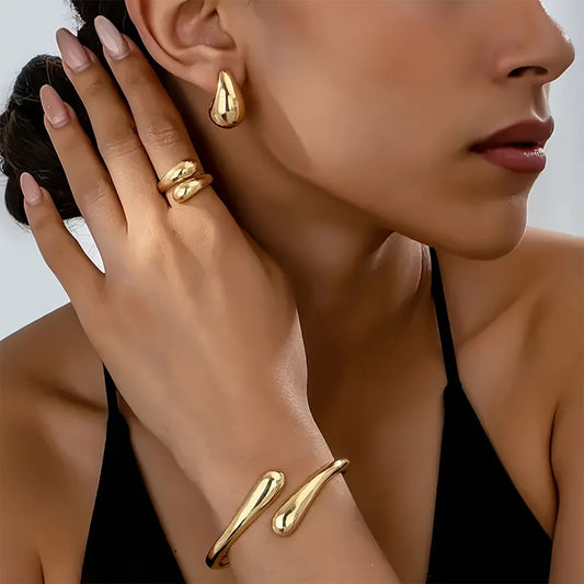“Punk Water Drop Shaped Bracelet, Ring & Earring Set – Smooth, Versatile Fashion Jewelry for Women”