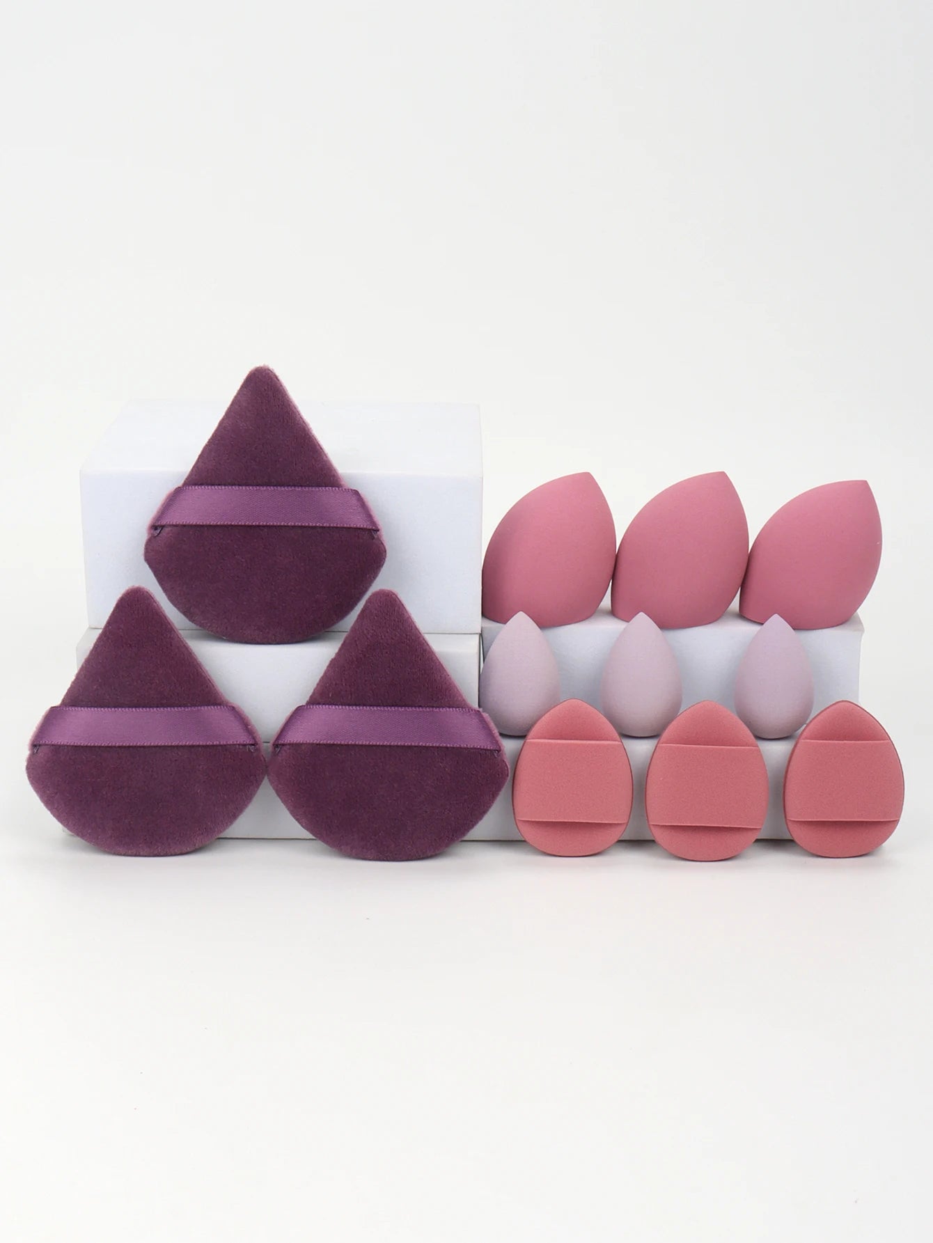 “12-piece makeup sponge set: powder puffs, air cushion puffs, and beauty eggs.”