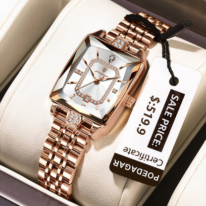 “Elegant waterproof women’s wristwatch, stainless steel, quartz, date display, stylish rectangle design.”