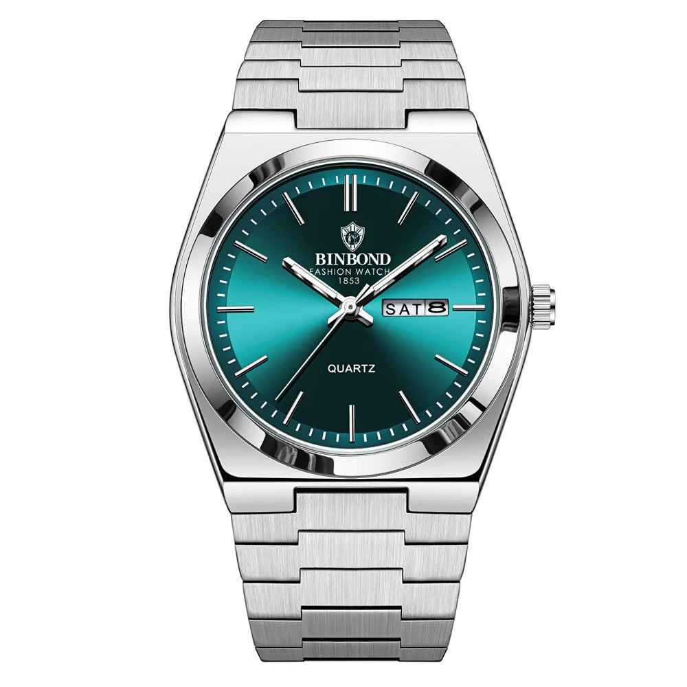 “Luxury stainless steel men’s watch, waterproof, double calendar, quartz movement.”
