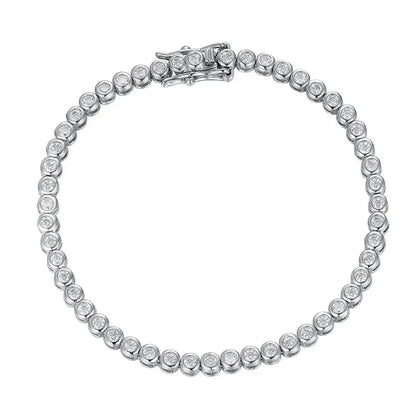 “Moissanite Tennis Bracelet, Sterling Silver, White Gold Plated, Sparkling Party Jewelry.”