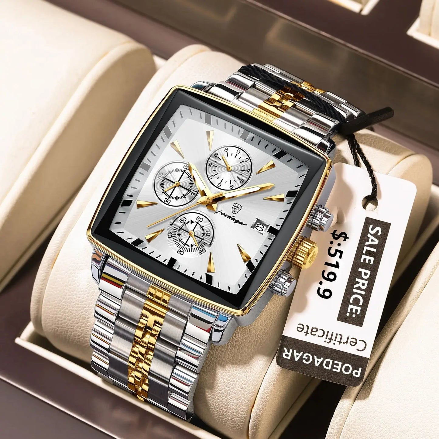 “Luxury waterproof square sport men’s watch with luminous chronograph, quartz, stainless steel.”