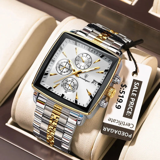 “Luxury waterproof square sport men’s watch with luminous chronograph, quartz, stainless steel.”