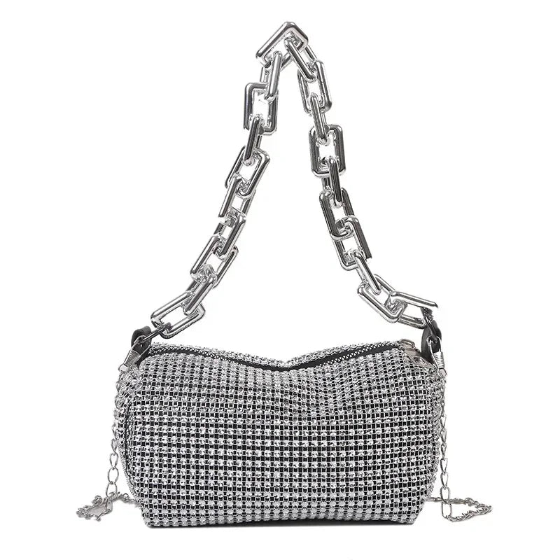 “Glitter rhinestone bucket bag with chain, mini crossbody purse for women.”