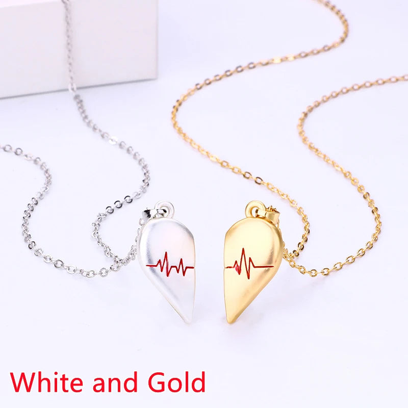 “Simple Couple Pendant Necklace – Electrocardiogram & Magnetic Heart Design, Valentine’s Day Gift”
