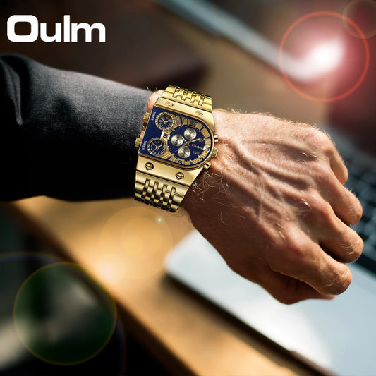 “Unique Men’s Square Gold Quartz Watch Sports Multi-Time Zone Waterproof Wristwatch.”