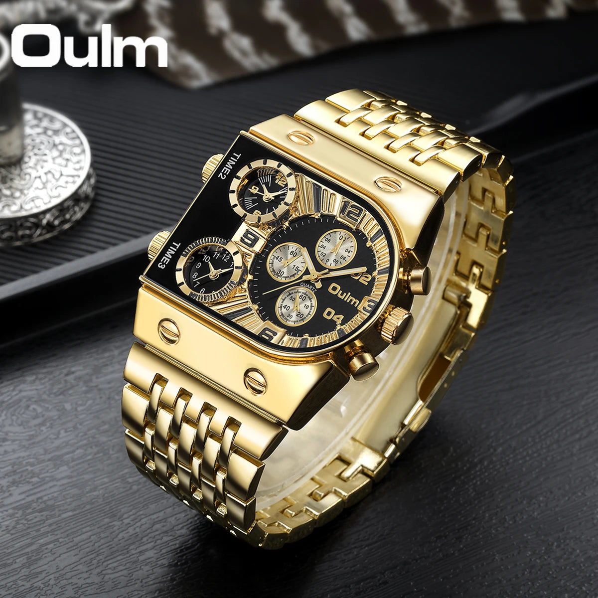 “Unique Men’s Square Gold Quartz Watch Sports Multi-Time Zone Waterproof Wristwatch.”