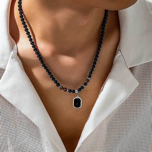 “Black Beads with Square Pendant Necklace for Men - Trendy Fashion Jewelry.”