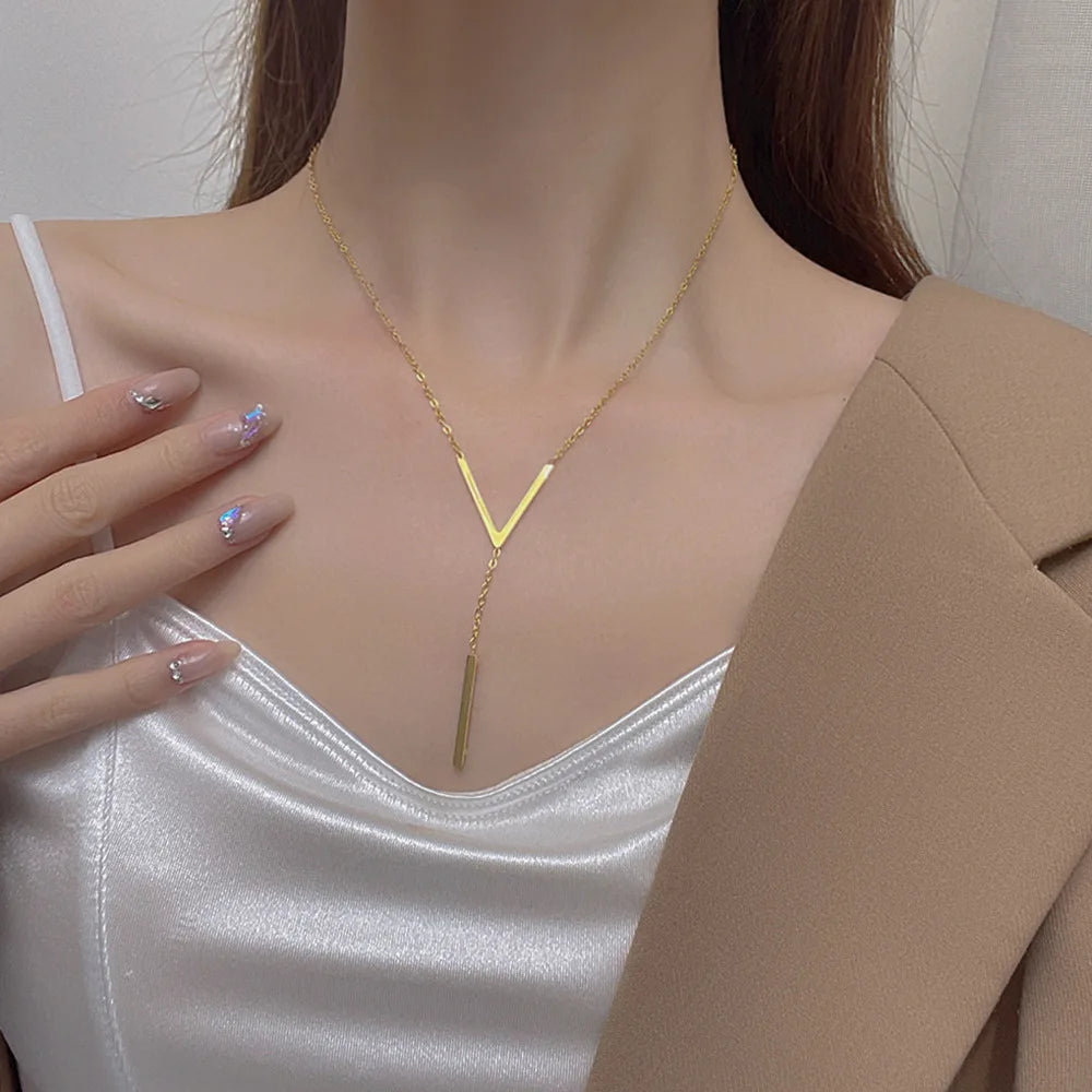 "V Shape Stick Pendant Necklace for Women Ladies Dainty Long Chain Necklace Party Jewelry"
