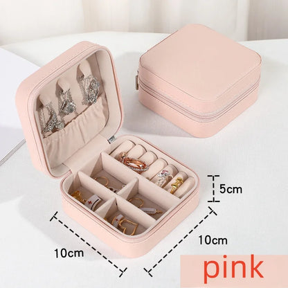 “Portable mini jewelry storage box, PU leather, for earrings, necklaces, rings.”