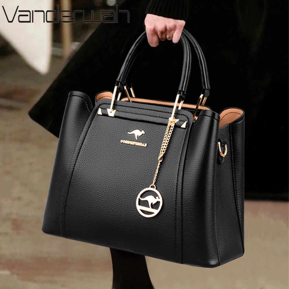 “Luxury women’s designer leather handbag, 3 layers, large capacity, shoulder crossbody tote.”