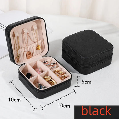 “Portable mini jewelry storage box, PU leather, for earrings, necklaces, rings.”
