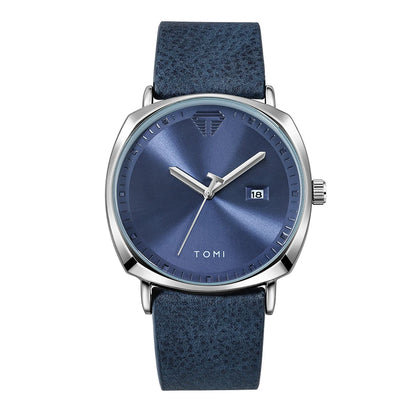 “Minimalist men’s sports watch with calendar, leather strap, casual quartz movement.”