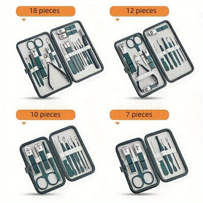 “Professional nail care kit: 7-18 pieces, stainless steel with travel case.”