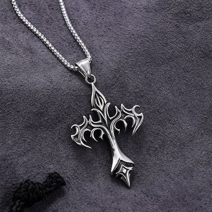 “Stainless Steel Flame Retro Cross Pendant Necklace - Titanium Steel for Men.”