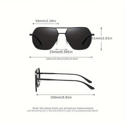 “Square polarized photochromic glasses with metal frame, ideal for driving.”