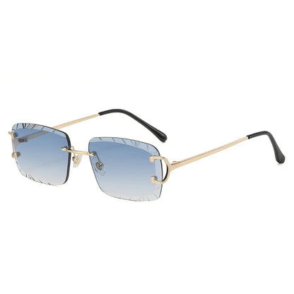 “Square rimless sunglasses, trendy metal frame, high-grade unisex street style.”