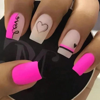 “24PCS Medium Stiletto Pink Press-On Nails – Full Cover Fake Nail Set with Love Design”