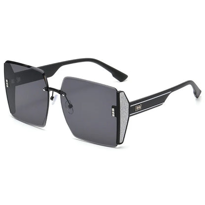 “Fashion rimless women’s sunglasses, gradient lenses, retro UV400 beach style.”