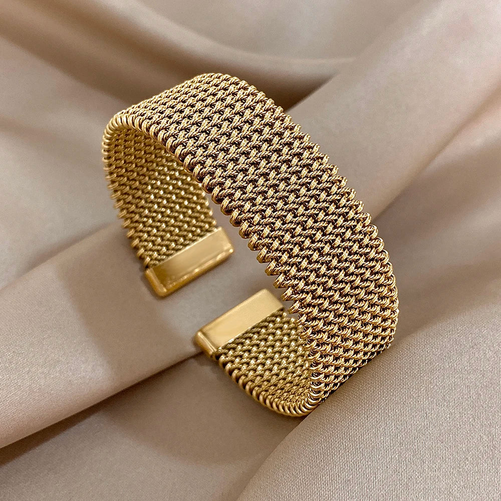 “Vintage Braided Mesh Cuff, Stainless Steel Waterproof Jewelry, Daily Party Gifts”