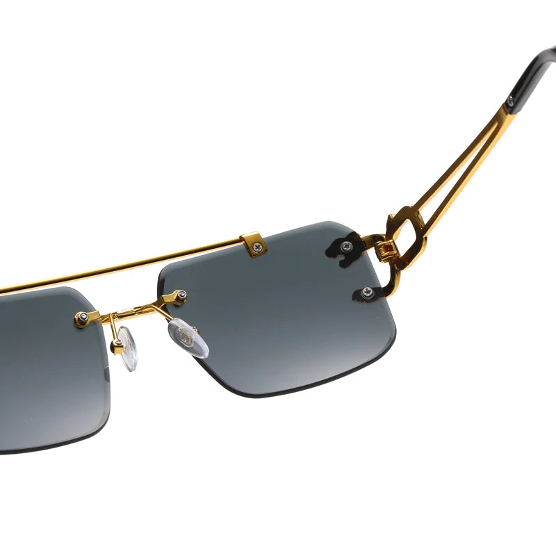 “Rimless square sunglasses with double bridge, vintage unisex fashion style.”