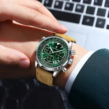 “Luxury waterproof quartz men’s watch with luminous date chronograph.”
